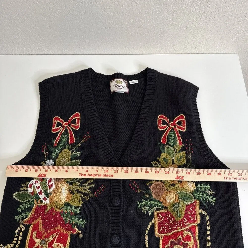 Tiara Christmas Knit Sweater Vest Stockings Black Size 14 16 Holiday Candy Canes